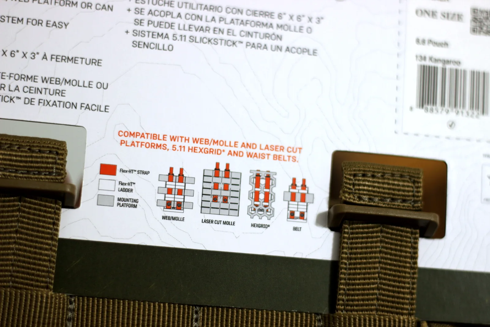 The pouch package showing a chart of compatible mounting platforms including MOLLE, laser cut, HEXGRID and belts