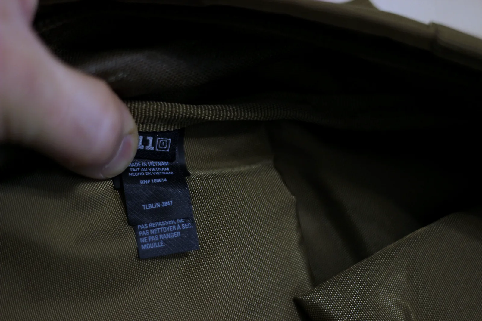 The 5.11 branded interior label sewn into the lining of the pack