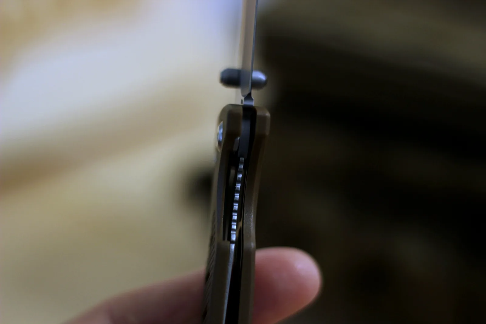 The closed knife showing the liner lock cut-out and the deep-carry pocket clip