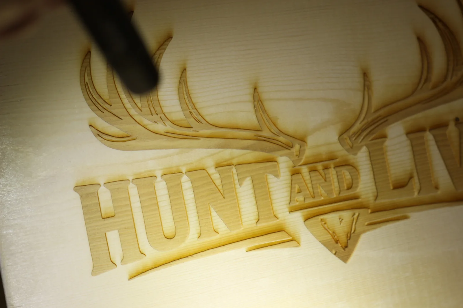 The flashlight beam raking across a wooden board branded with the Hunt and Live antler logo