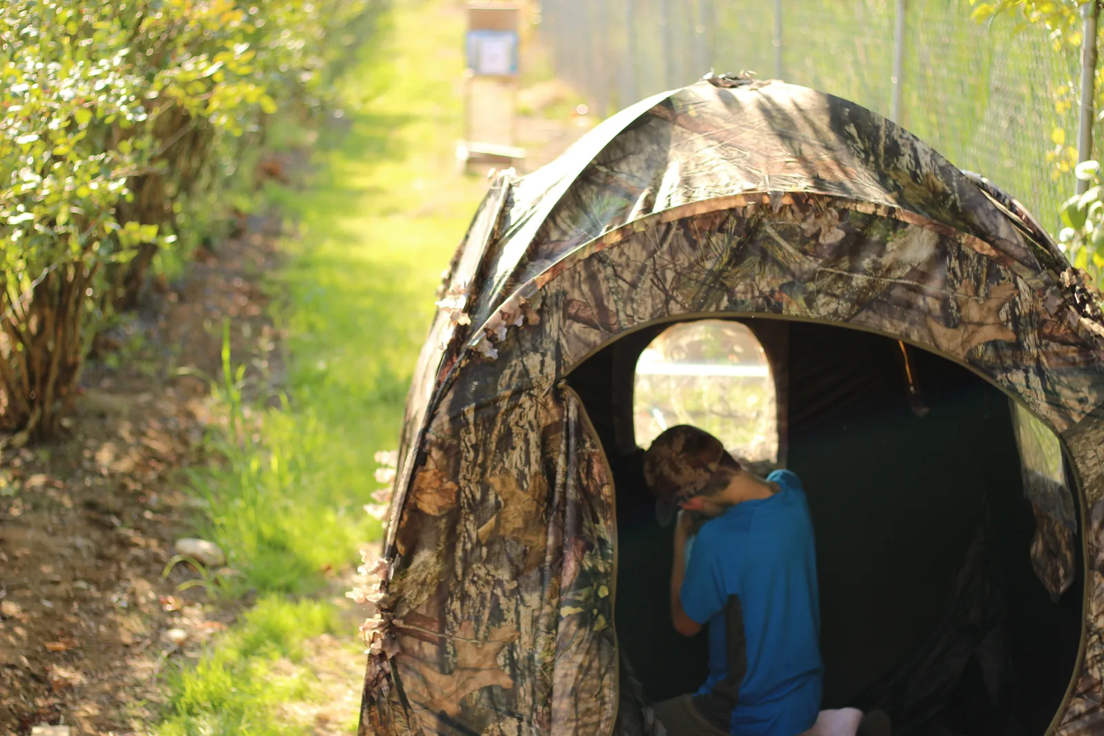 A young hunter seated inside the blind seen through the large front opening