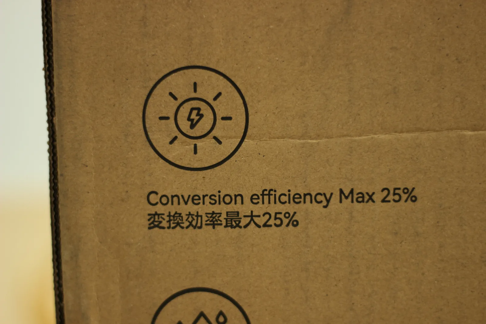 Icon on the carton reading Conversion efficiency Max 25% in English and Japanese