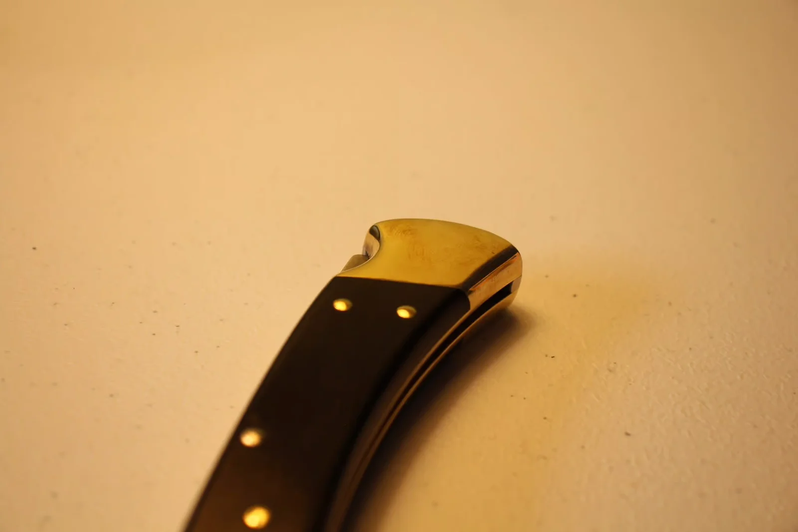 Rear of Buck 110 handle showing ebony scale, brass bolster, and brass pivot pin pattern