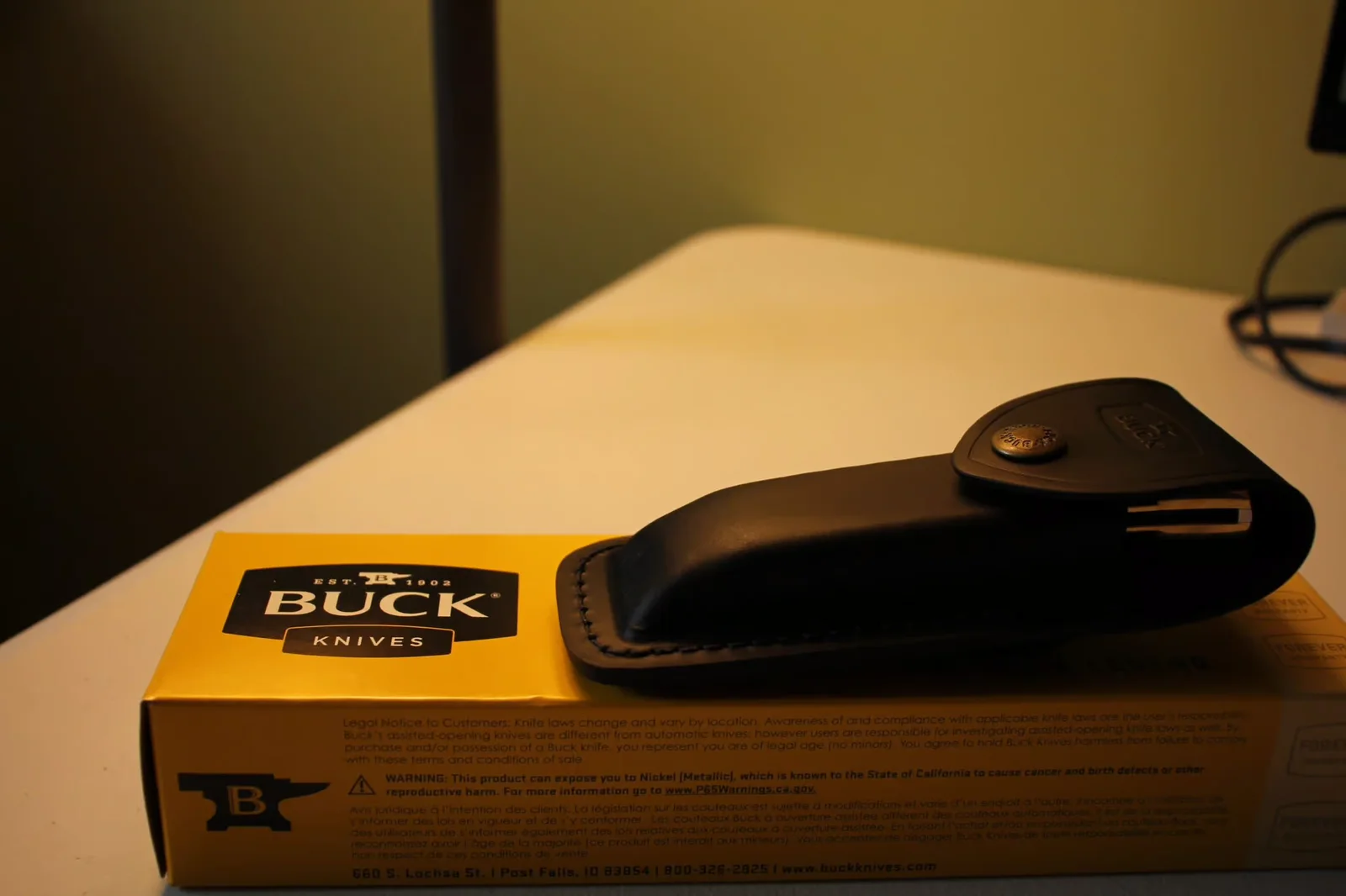 Closed Buck 110 on top of the yellow box showing scale and proportion