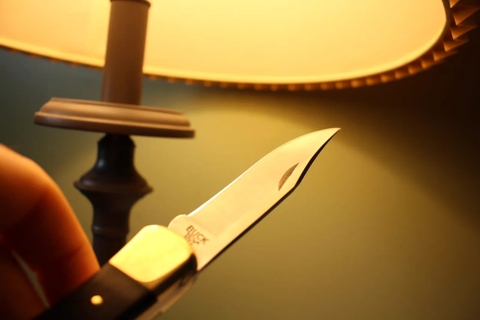 Buck 110 open, viewed against a lamp's warm light — clip-point profile silhouetted