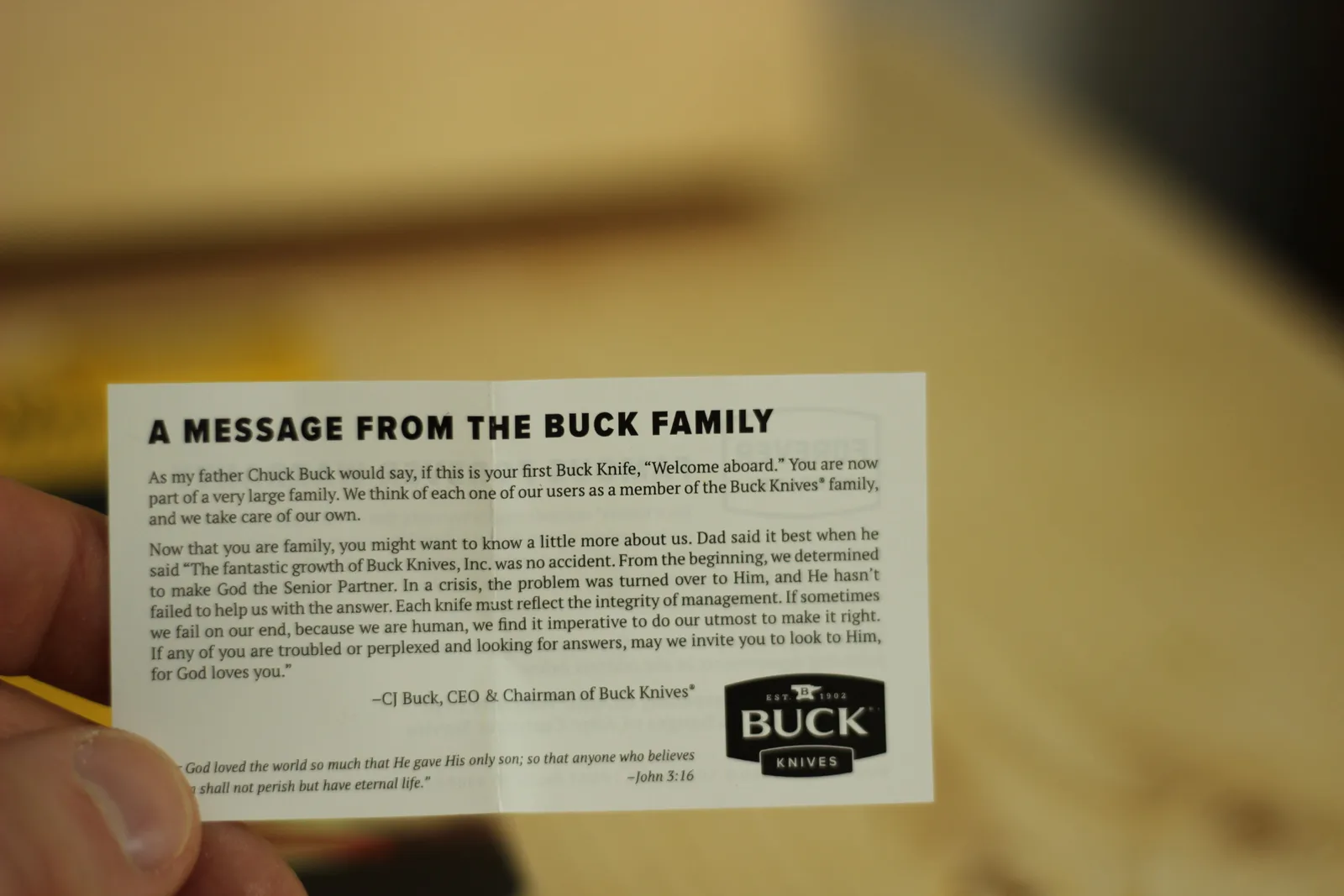 Printed card headed A MESSAGE FROM THE BUCK FAMILY signed by CJ Buck, CEO and Chairman of Buck Knives