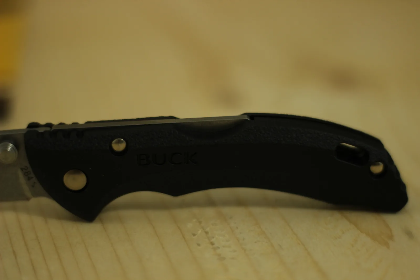 The closed knife in profile showing the contoured handle with a forward finger groove, two rivets, the lanyard hole and the moulded BUCK logo