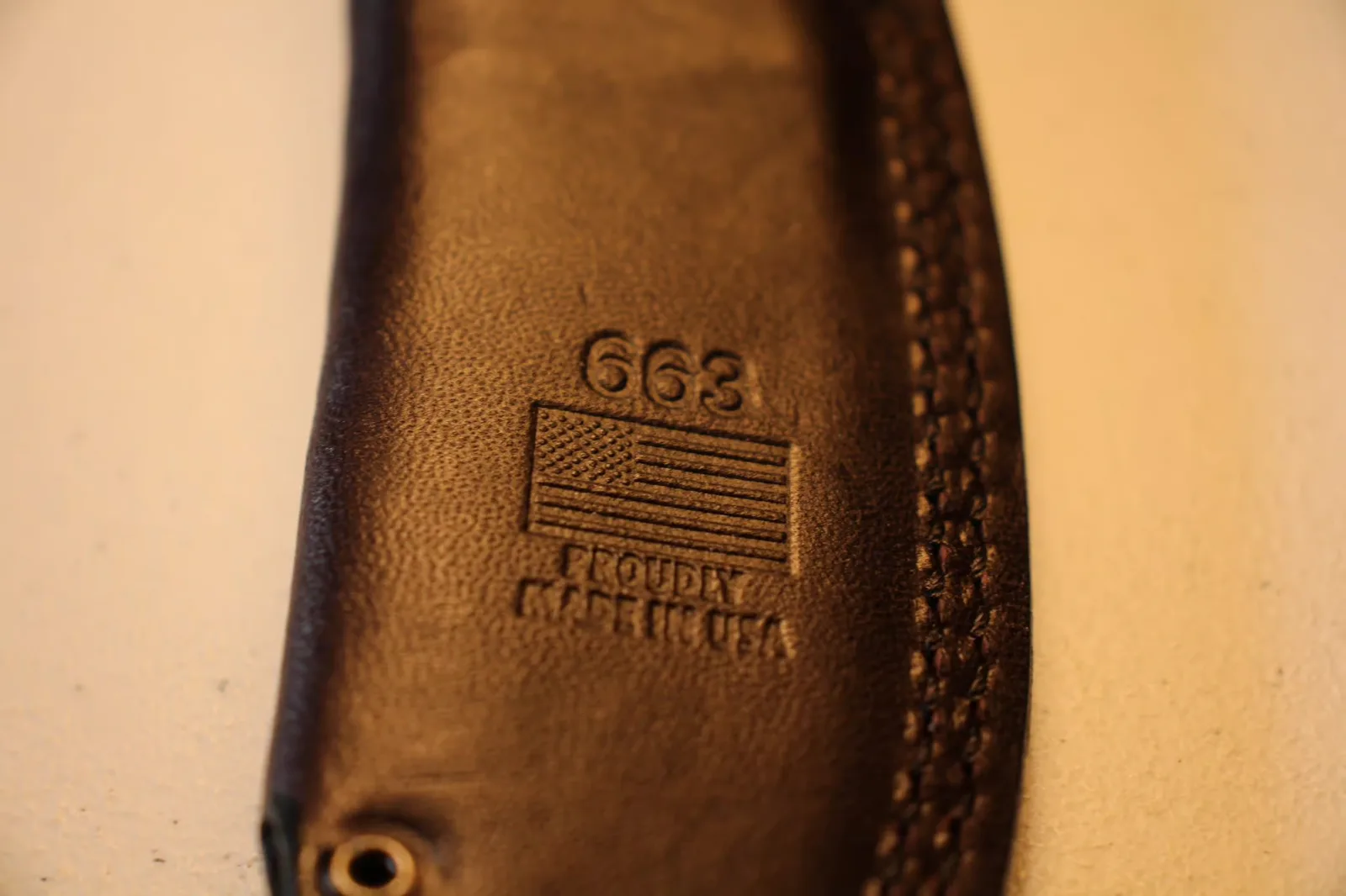 Sheath bottom — "663", American flag, and "PROUDLY MADE IN USA" stamp