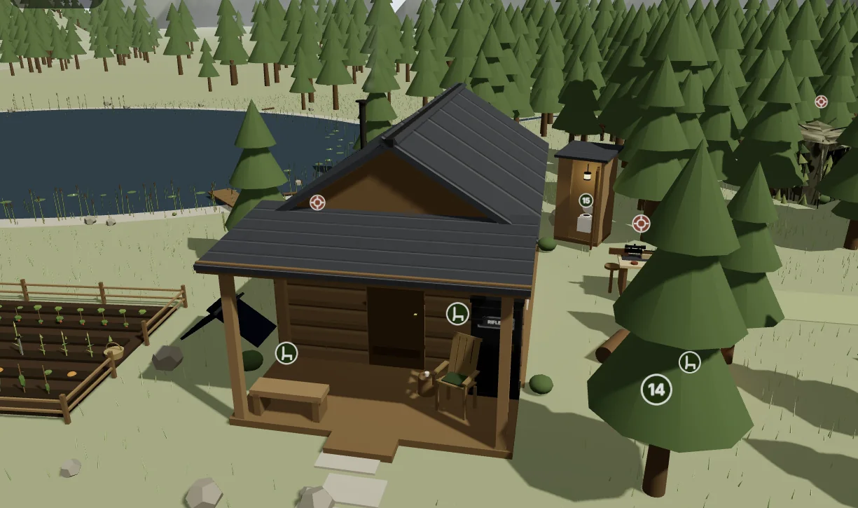 The Hunt and Live world in 3D — the log cabin with its porch and garden beside a lake, timber and mountains behind, with numbered product markers floating over the scene