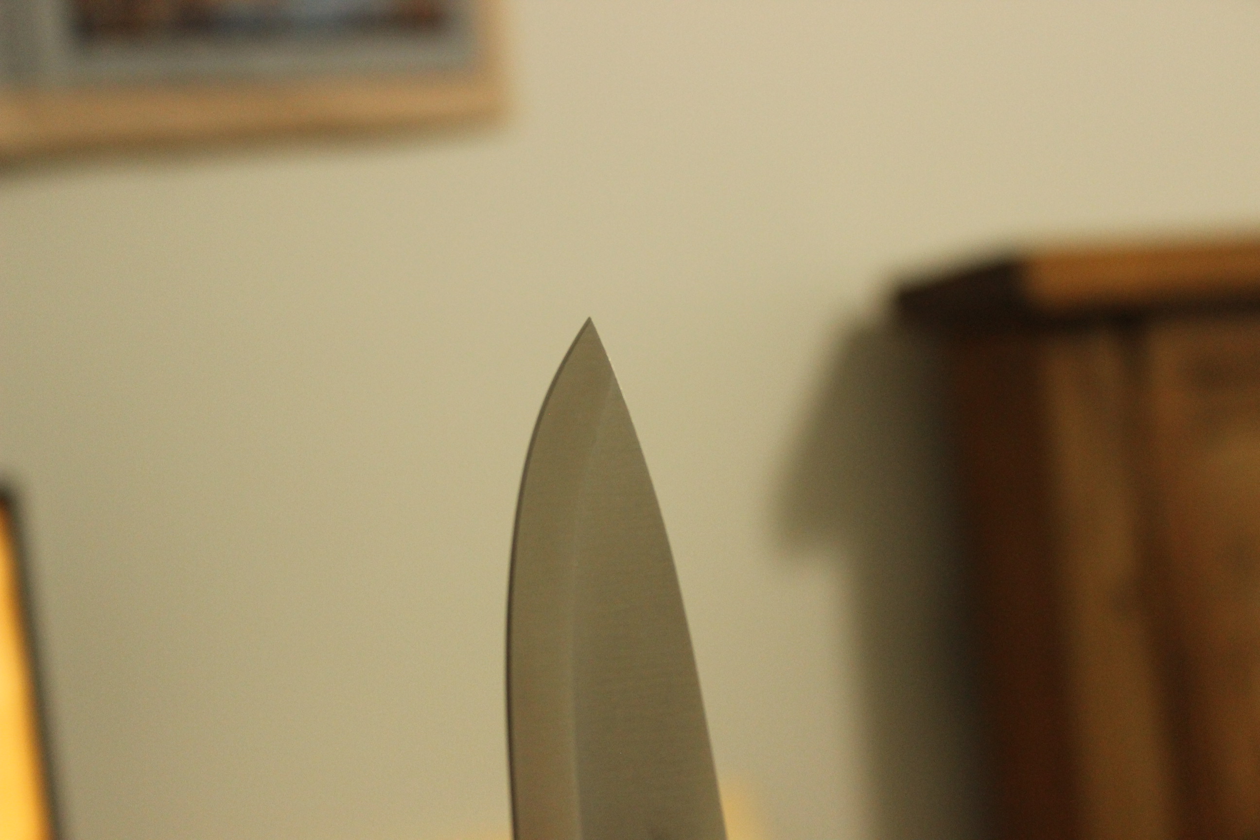 Tip of the blade isolated against a soft cream wall background — the symmetrical satin-ground drop point clearly visible as a working geometry