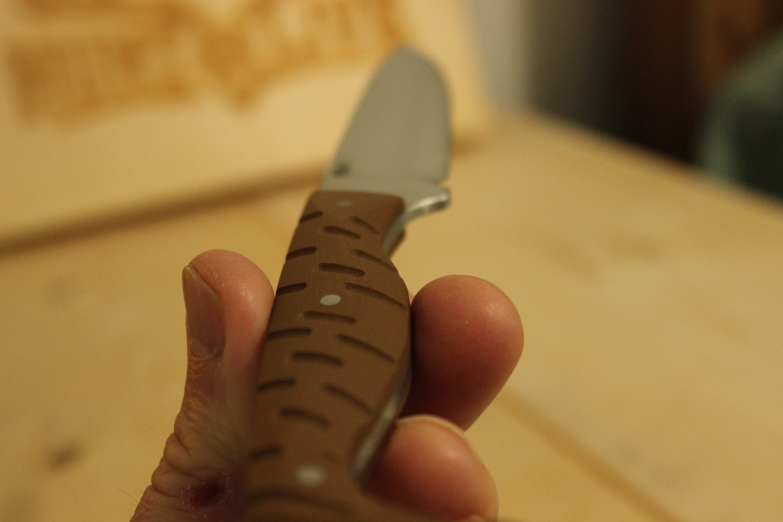 The MDRN Hunter held in a saber grip with the thumb riding the spine of the blade, brown G10 handle wrapped in the fingers, knife pointing up toward the wood-burned Hunt & Live sign in the background