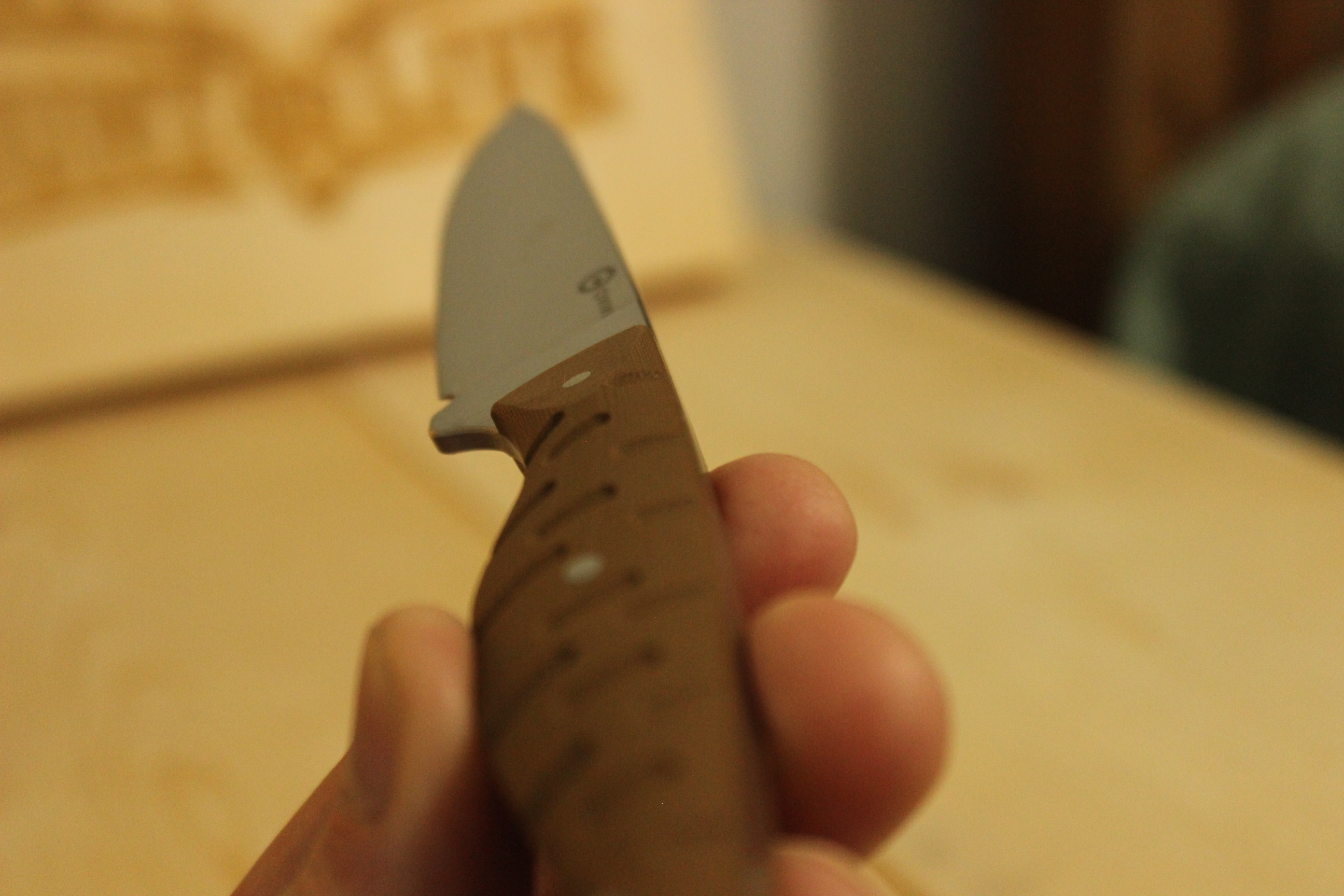 The Civivi MDRN Hunter held in a downward-pointing grip showing the swept pommel and the locked-in feel of the curved handle against the palm, with the Hunt & Live sign blurred in the background