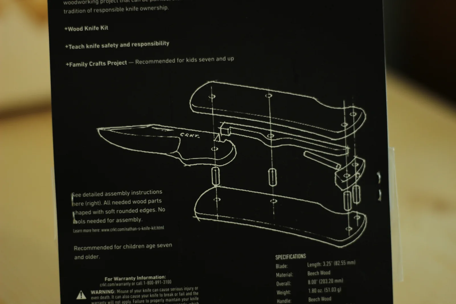 Exploded line diagram of the wooden knife on the black card back, with a specifications block listing blade 3.25 inches, beech wood, overall 8 inches, weight 1.80 oz