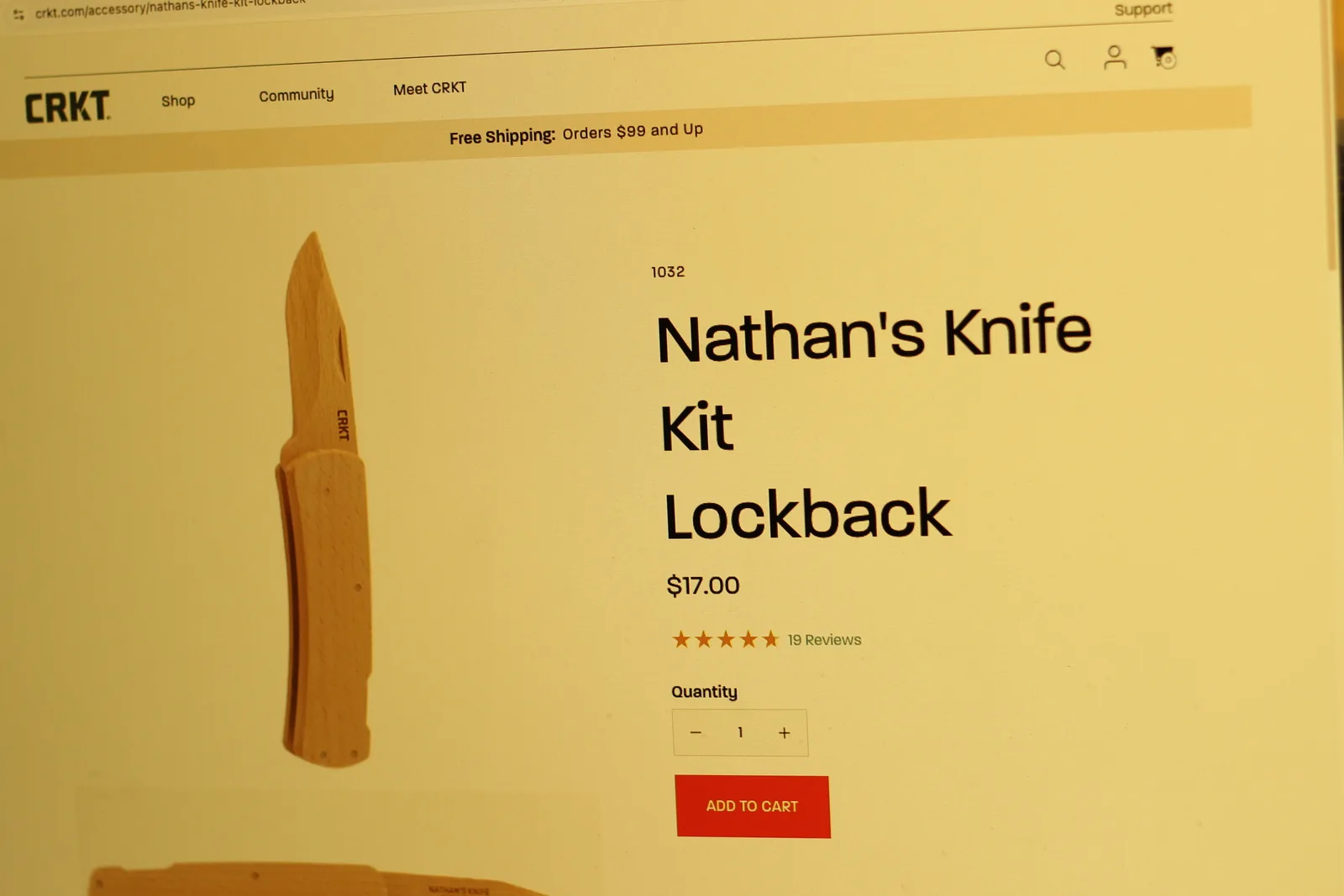 A computer screen showing the CRKT website product page for Nathan's Knife Kit Lockback, item 1032, priced at $17.00 with a five-star rating from 19 reviews