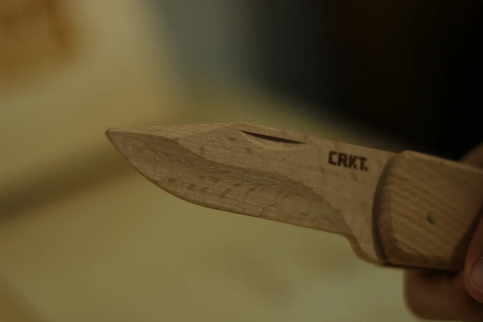 The open beech blade seen close, showing the ground bevel running along its length and the CRKT mark