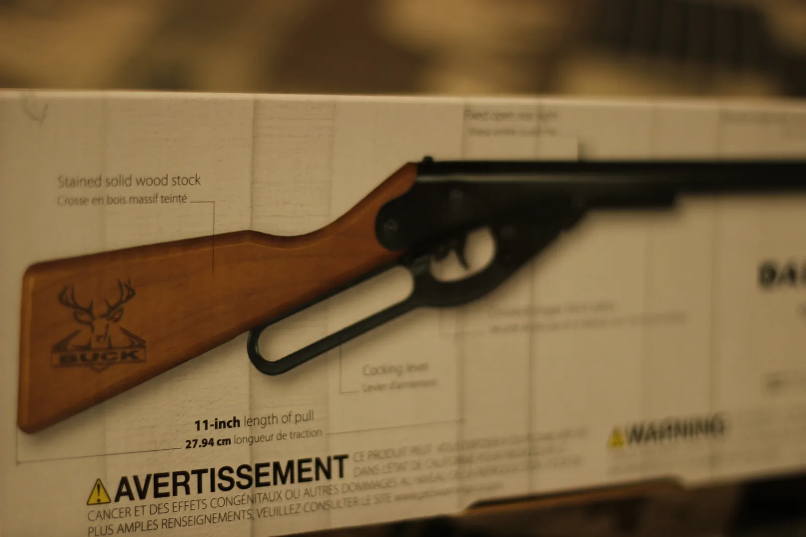 Close-up of the wood stock on the Daisy Buck 105