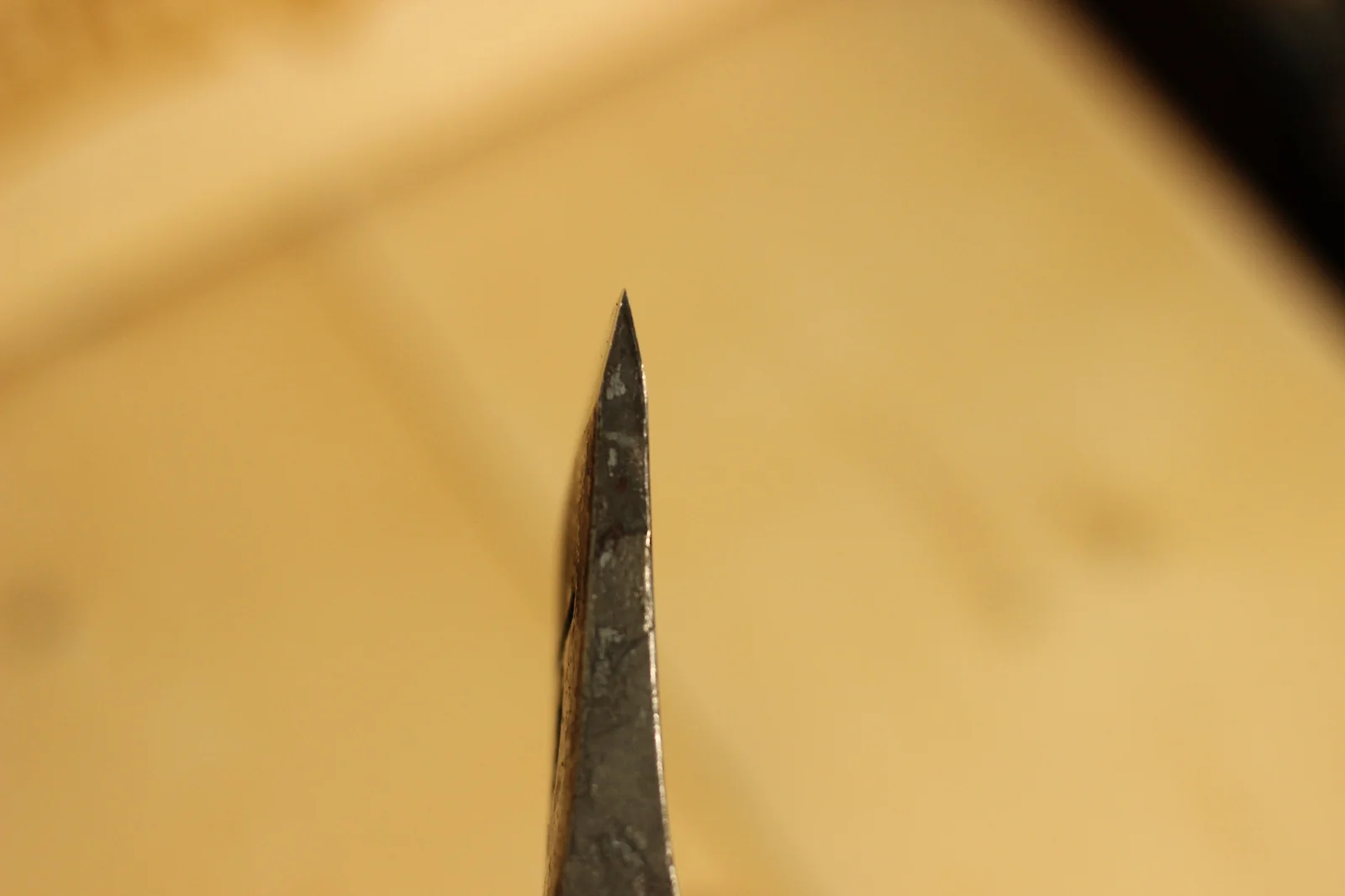 Macro close-up of the polished cutting edge tip showing the sharpness line where the blackened forged steel transitions to the polished bevel