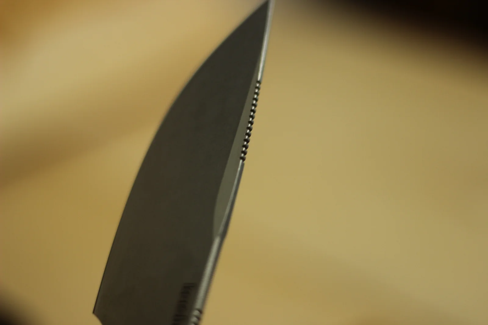 Macro of the spine of the 1883 blade showing the textured jimping cut into the spine just behind the curving blade body