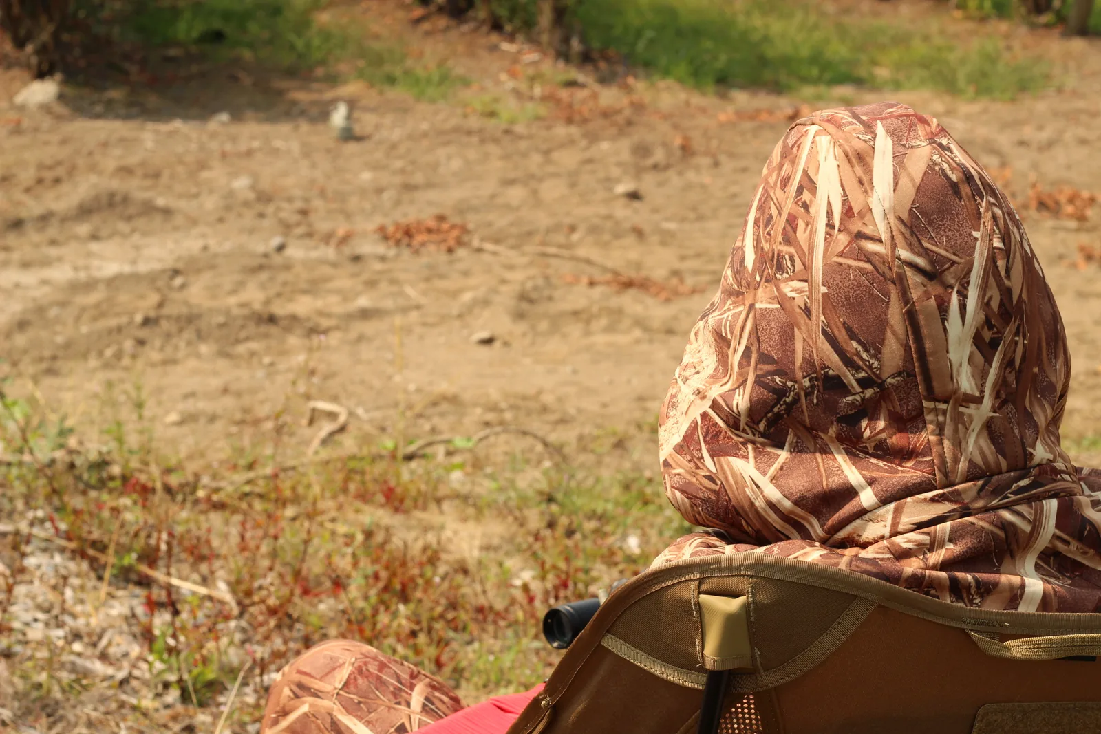 The hood of the camo jacket photographed from behind, blending into dry ground and dead vegetation