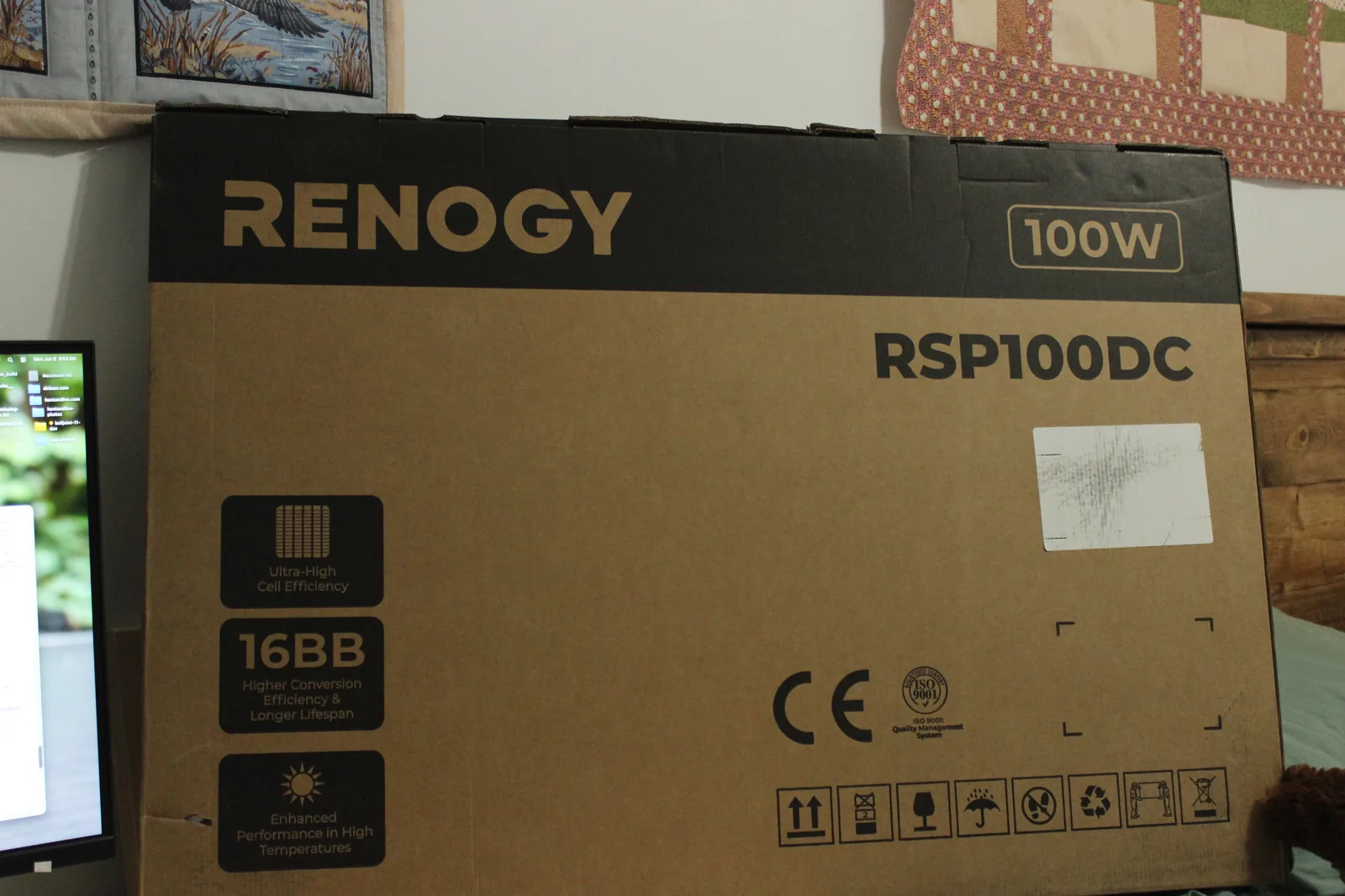 Renogy RSP100DC retail box showing 100W rating, 16BB cell technology, and product details