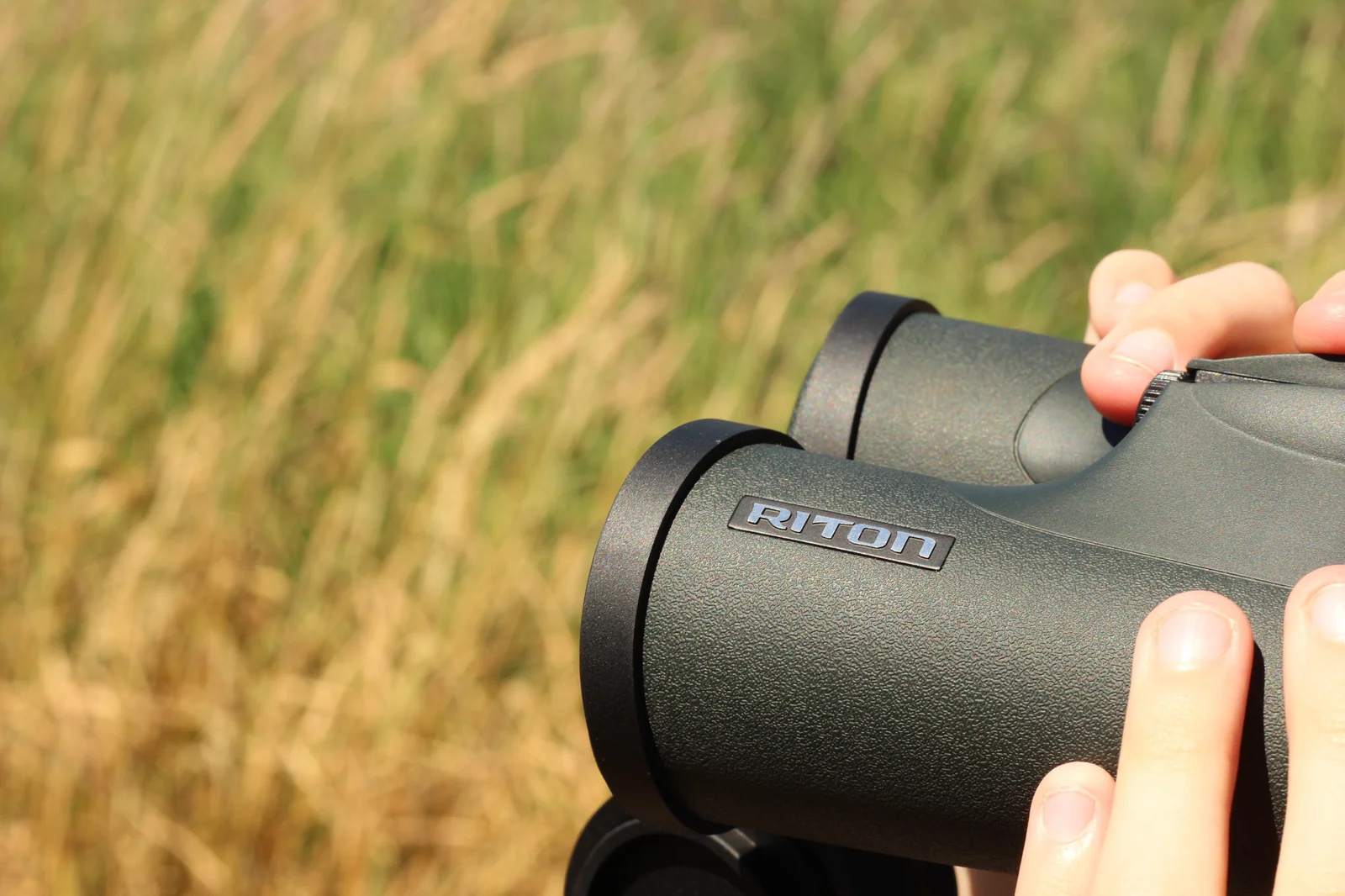 A second, tighter framing of the same scene — the Riton 5 Primal 10x42 ED held up to the eyes of the eleven-year-old in tall summer grass, RITON wordmark visible on the right barrel, hand wrapped around the bino, hair visible at the right edge of the frame