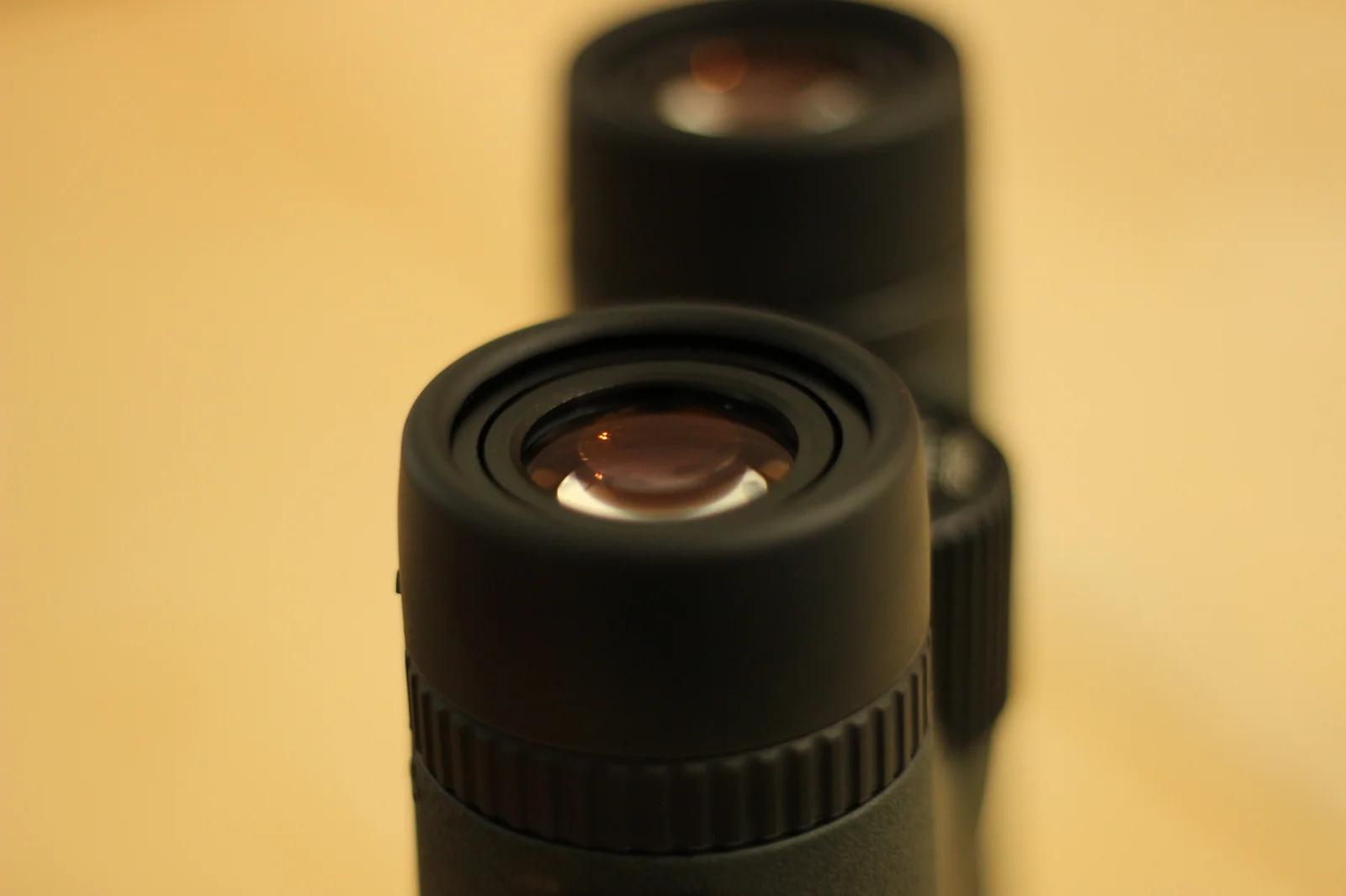 Macro close-up of the front objective lenses of the Riton 5 Primal 10x42 ED at a slightly different angle, showing the amber and pink-violet tinted coating signature on both lenses, with the secondary lens slightly out of focus in the background