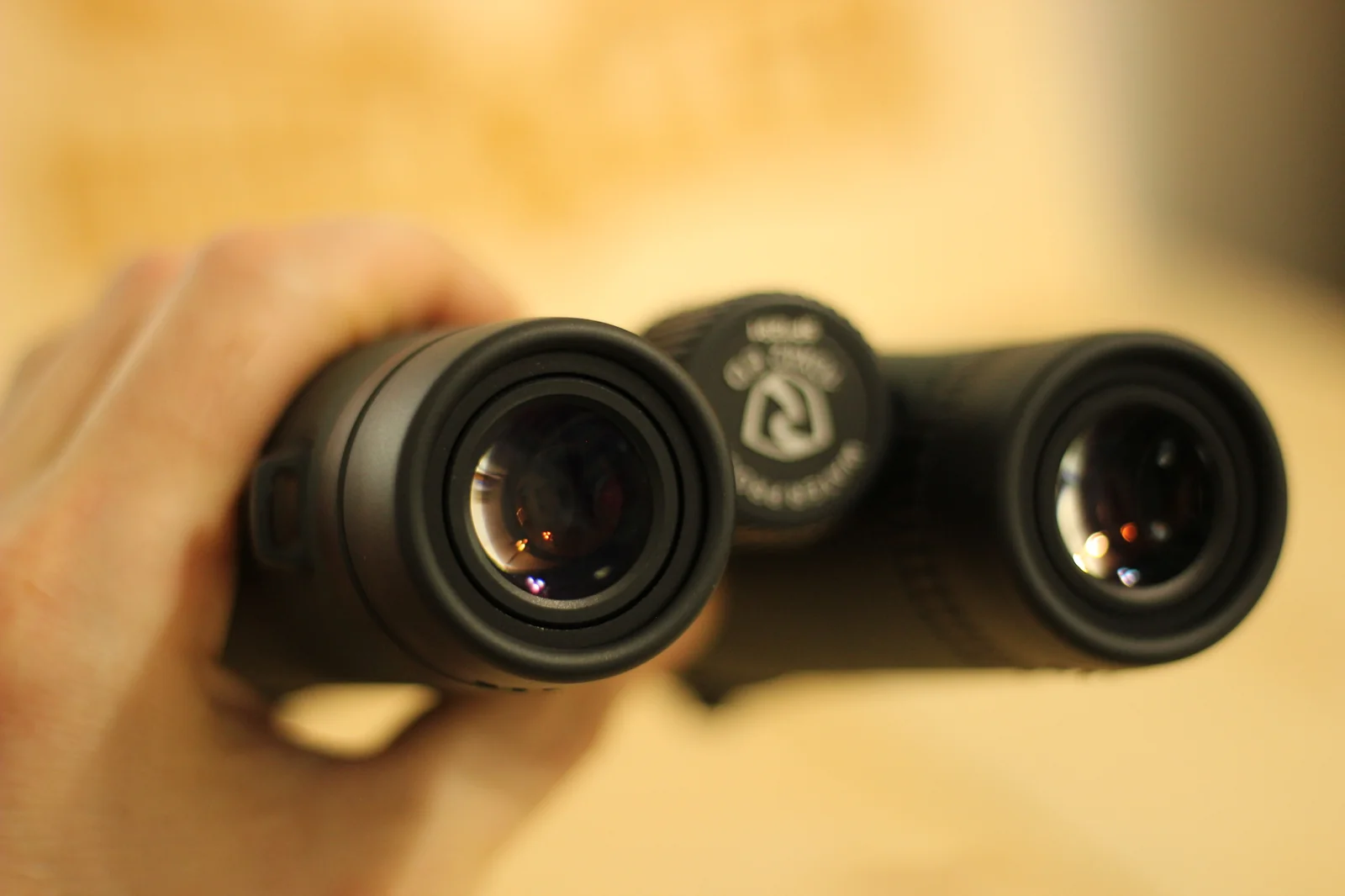 The Riton 5 Primal 10x42 ED held in an adult hand at chest level with the objective lenses facing the camera, showing both objective lenses with their ED coating reflections, the central diopter cap with the Riton shield logo and SEE THE DIFFERENCE wordmark visible between the two barrels, against an out-of-focus warm wood background