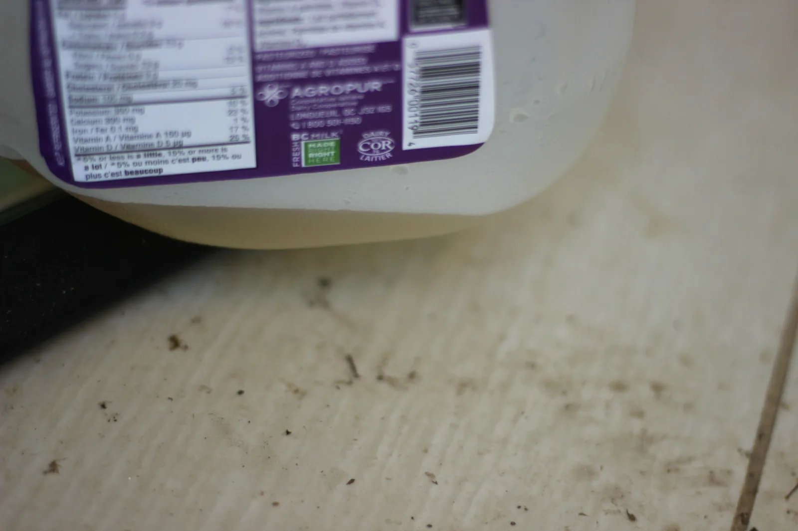 Milk jug positioned at floor level showing the Agropur label