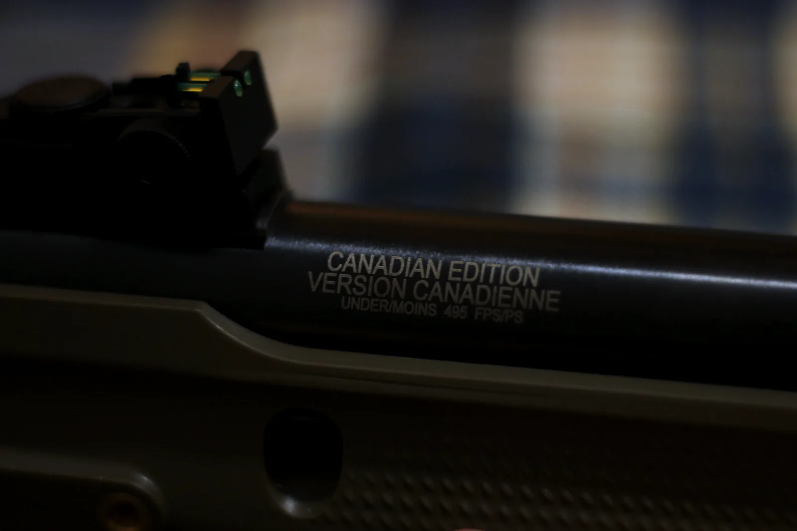 The barrel marked CANADIAN EDITION VERSION CANADIENNE UNDER MOINS 495 FPS