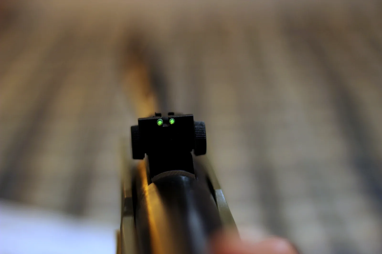 The green fibre-optic rear sight of the rifle seen from behind