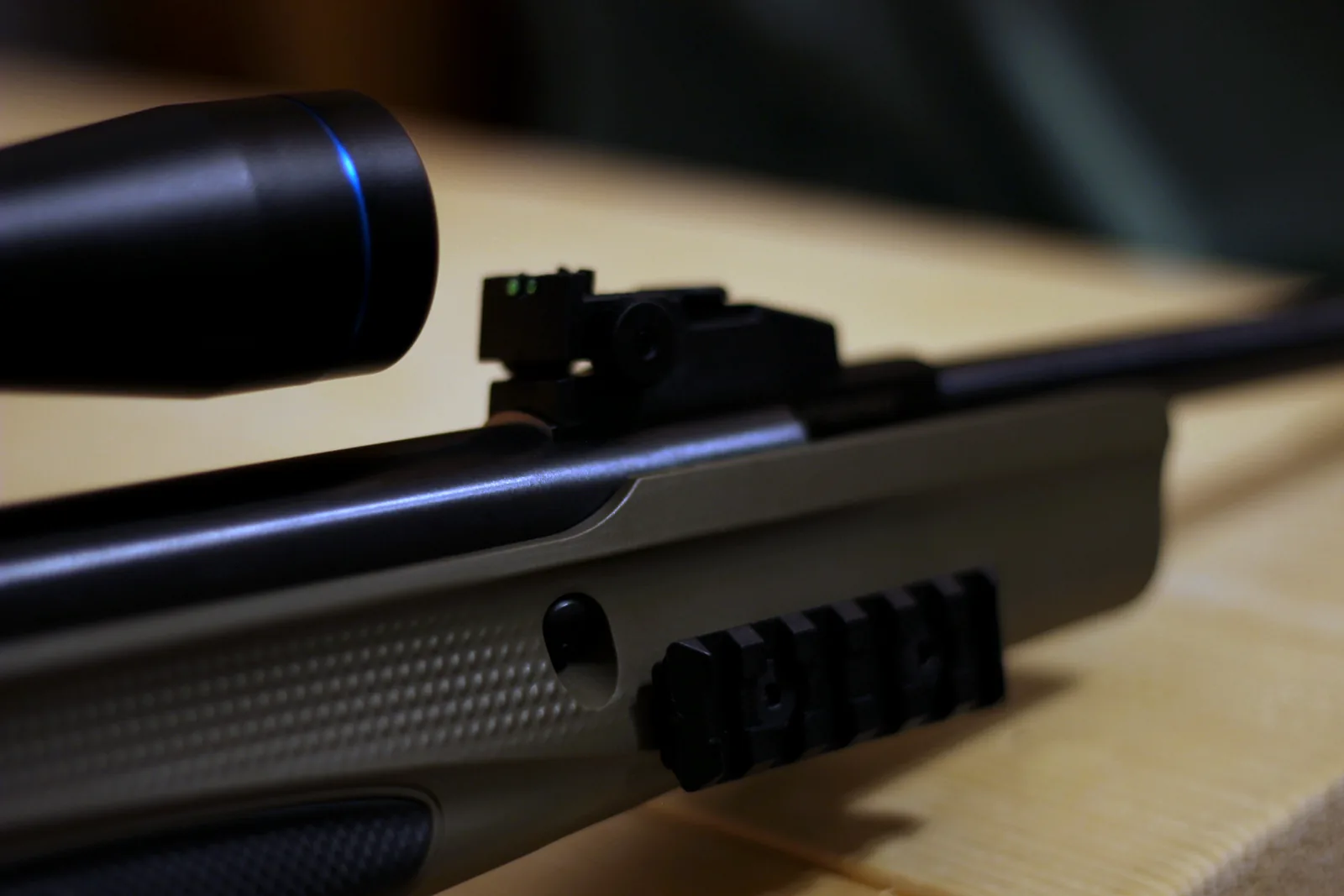 The checkered forend of the stock beneath the receiver rail