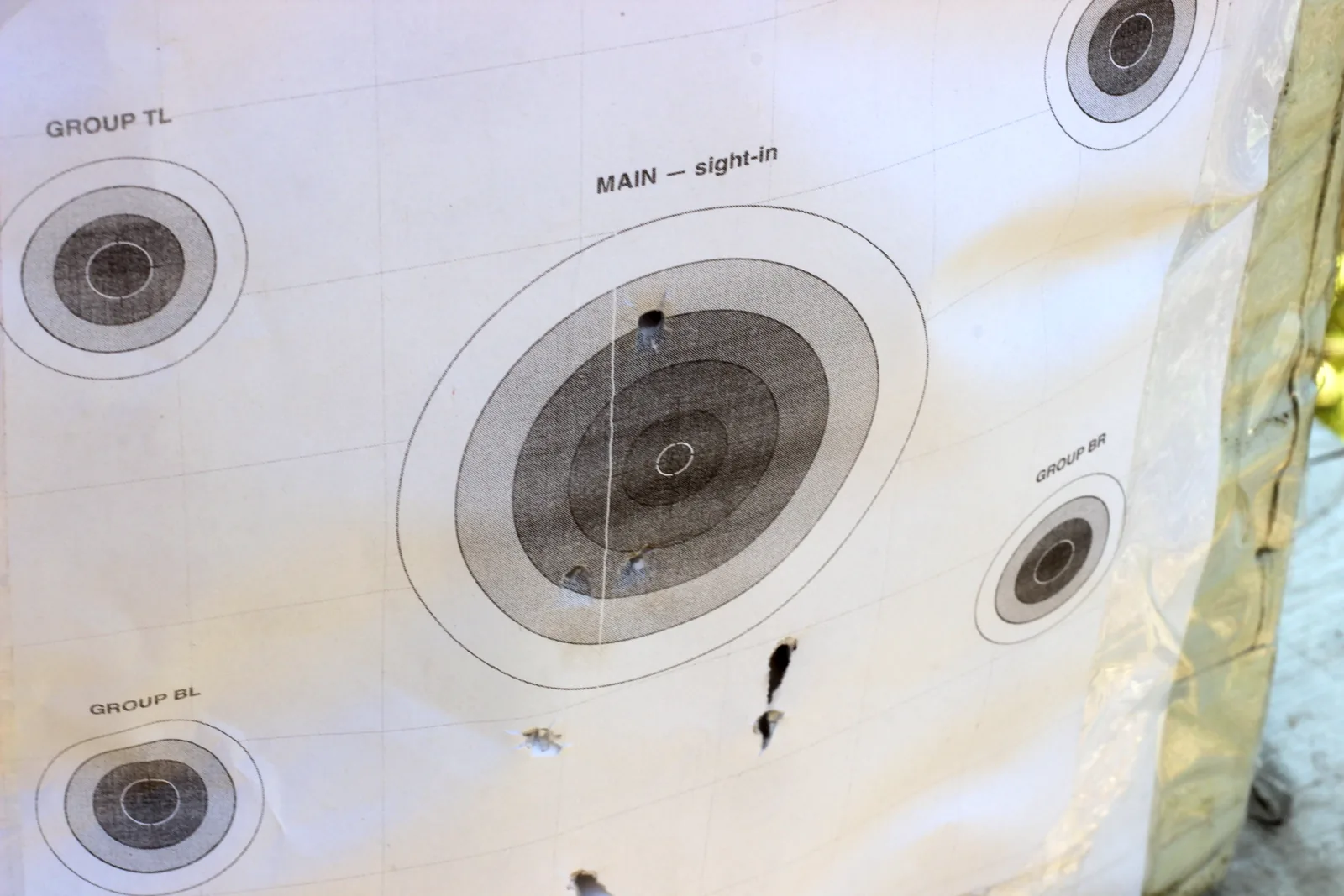 A Hunt and Live printed sight-in target showing a main aiming circle and three smaller group circles with pellet holes