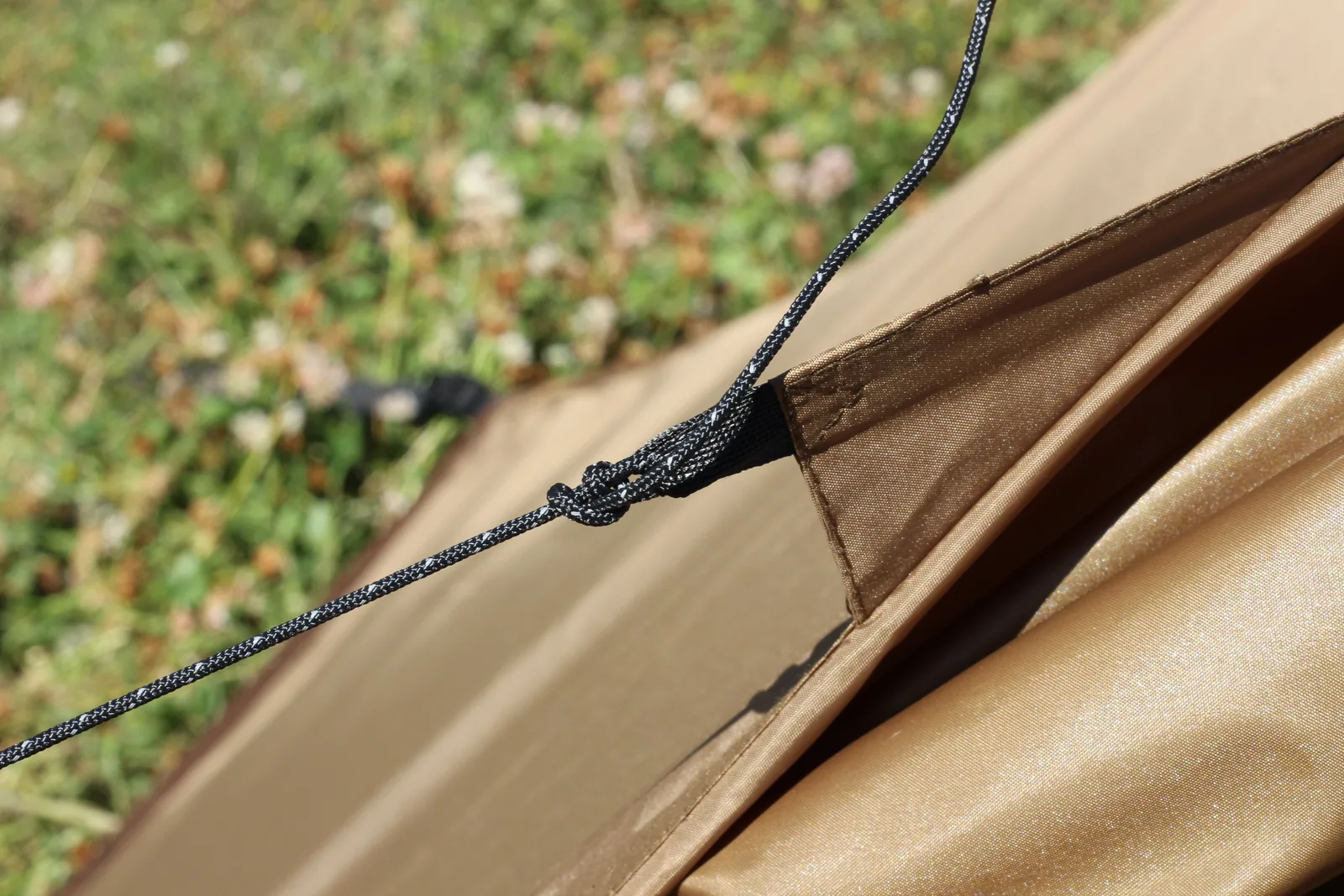 A reflective guy line knotted into a webbing tab partway up a tent panel, with grass behind