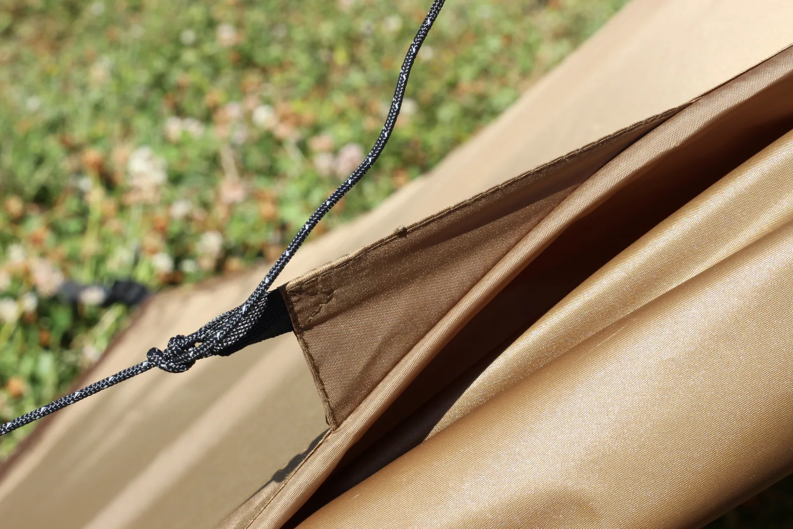The same guy tie-out photographed from a lower angle showing the knot and the panel seam behind it