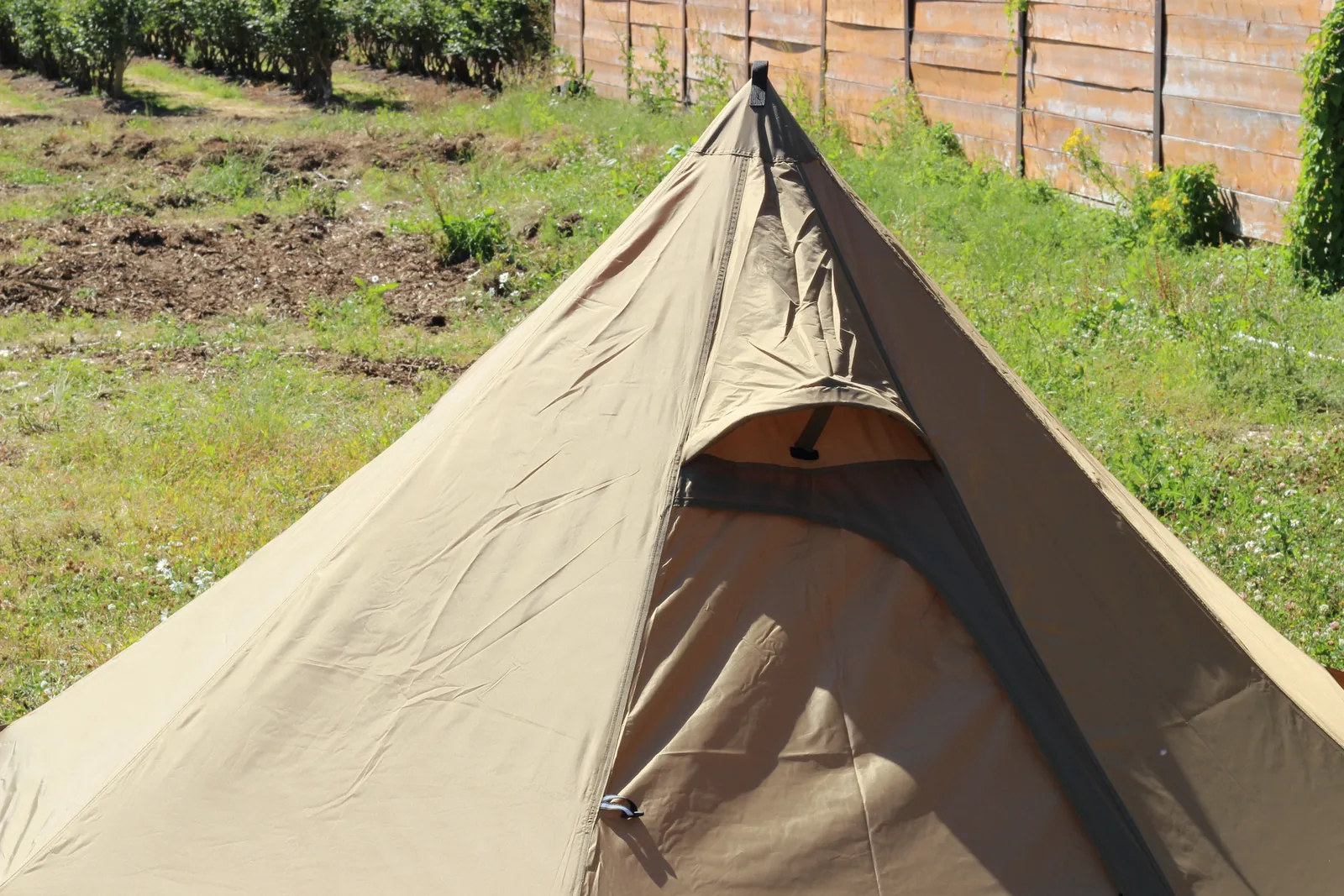 Looking along the top ridge of the tent toward the open door, blueberry field beyond
