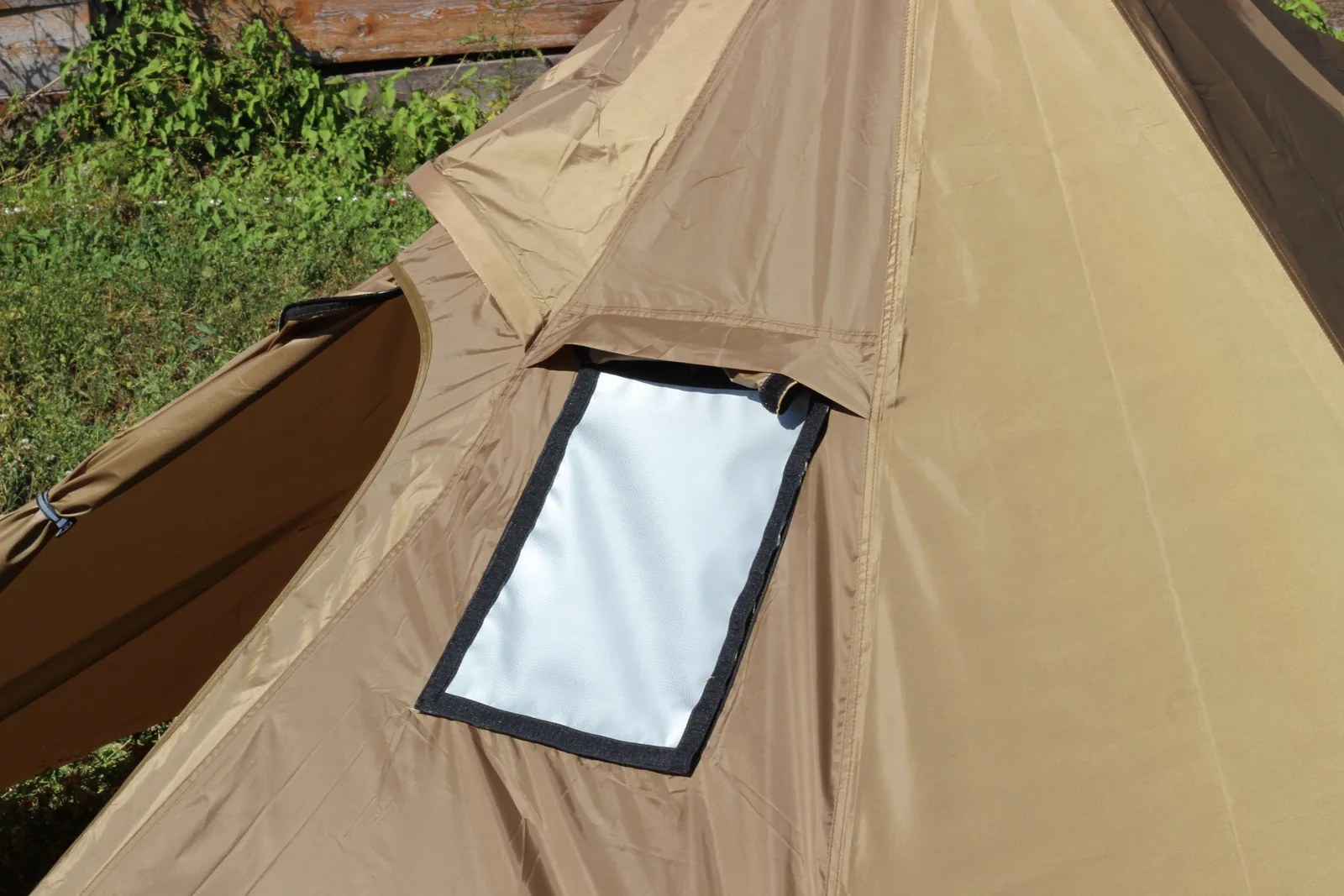 Looking down on the stove jack panel set into the tent's upper canopy from above