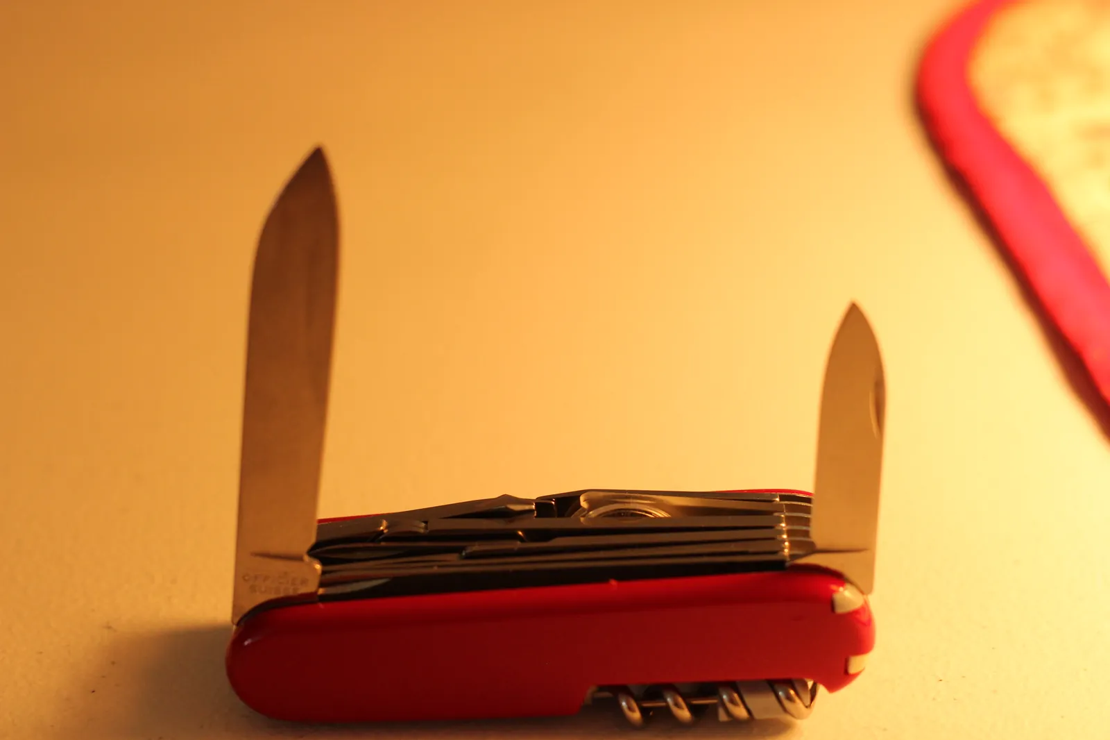Both SwissChamp blades open — large blade and small blade — in the classic Officer's-knife back-to-back configuration