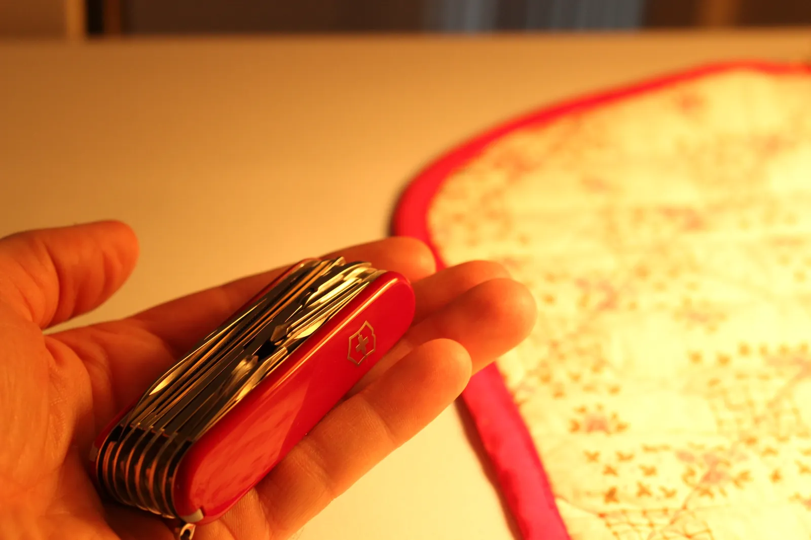 The closed SwissChamp held end-on in hand showing the layered tool stack in its closed configuration