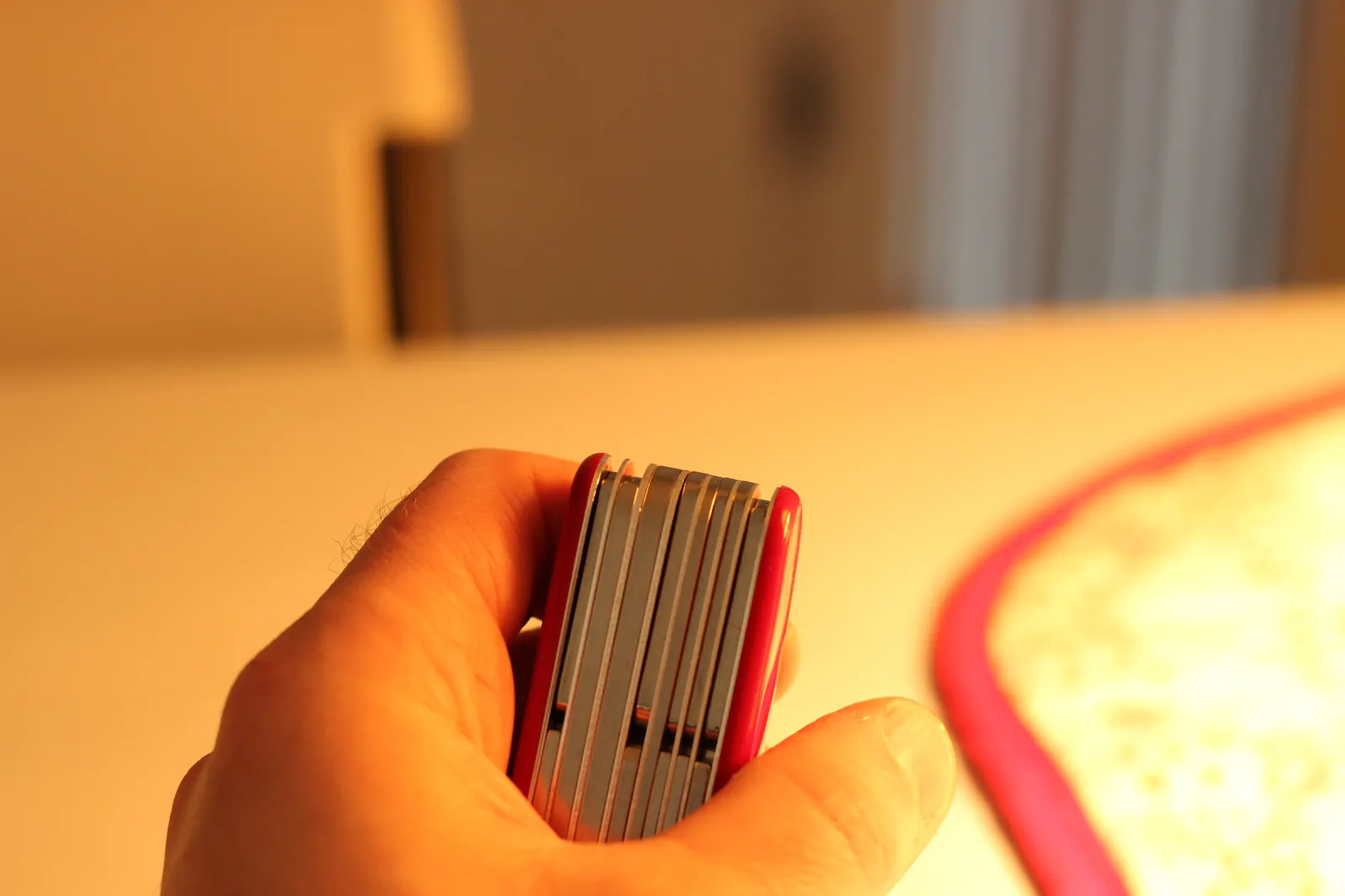 The SwissChamp held end-on in hand showing the layered tool stack in its closed configuration