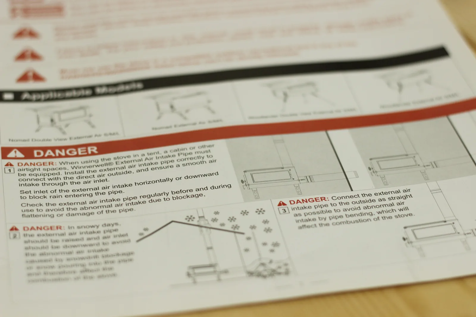 A page of the manual showing applicable stove models and several red DANGER paragraphs about installing the external air intake pipe correctly