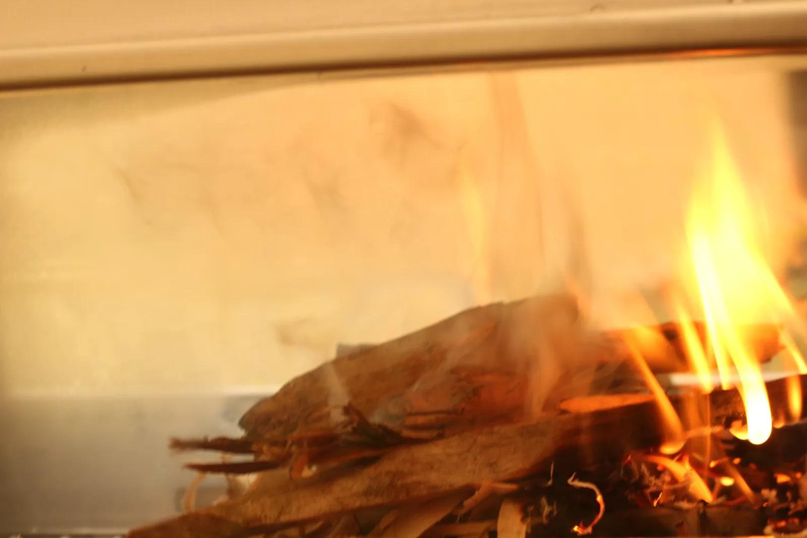 The fire established on the grate seen through the stove's glass, flames rising around split kindling