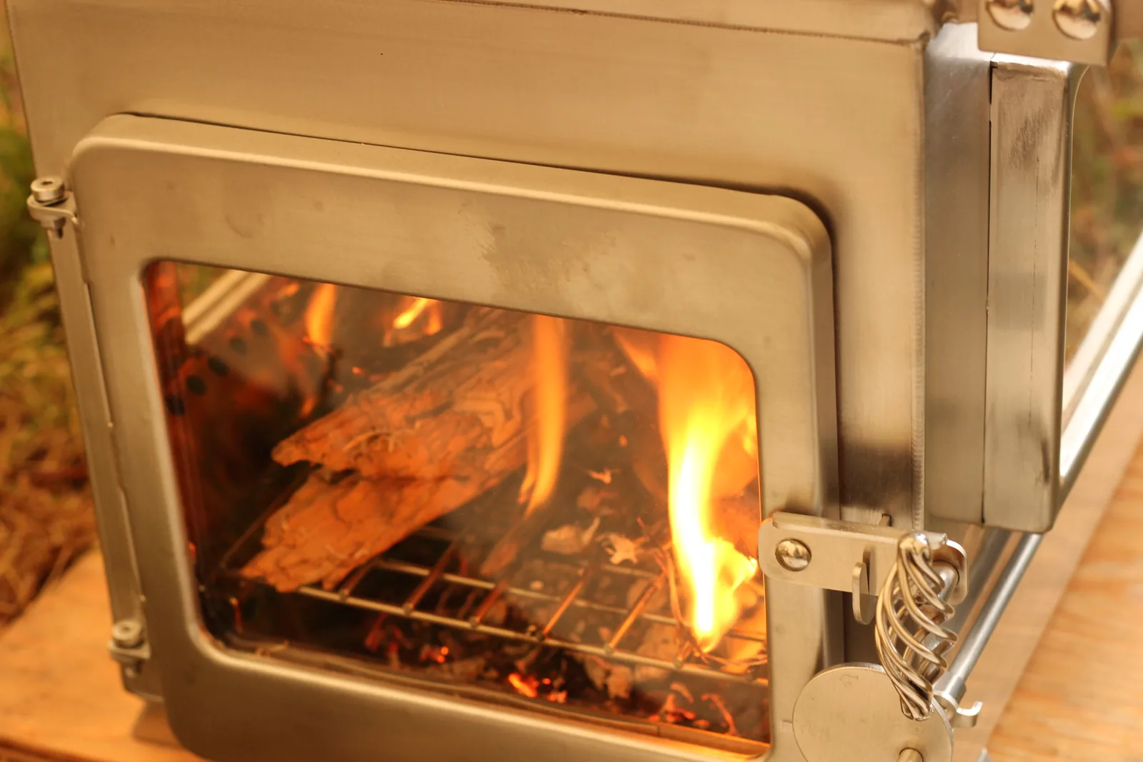 A single split of wood burning on the grate seen through the glass